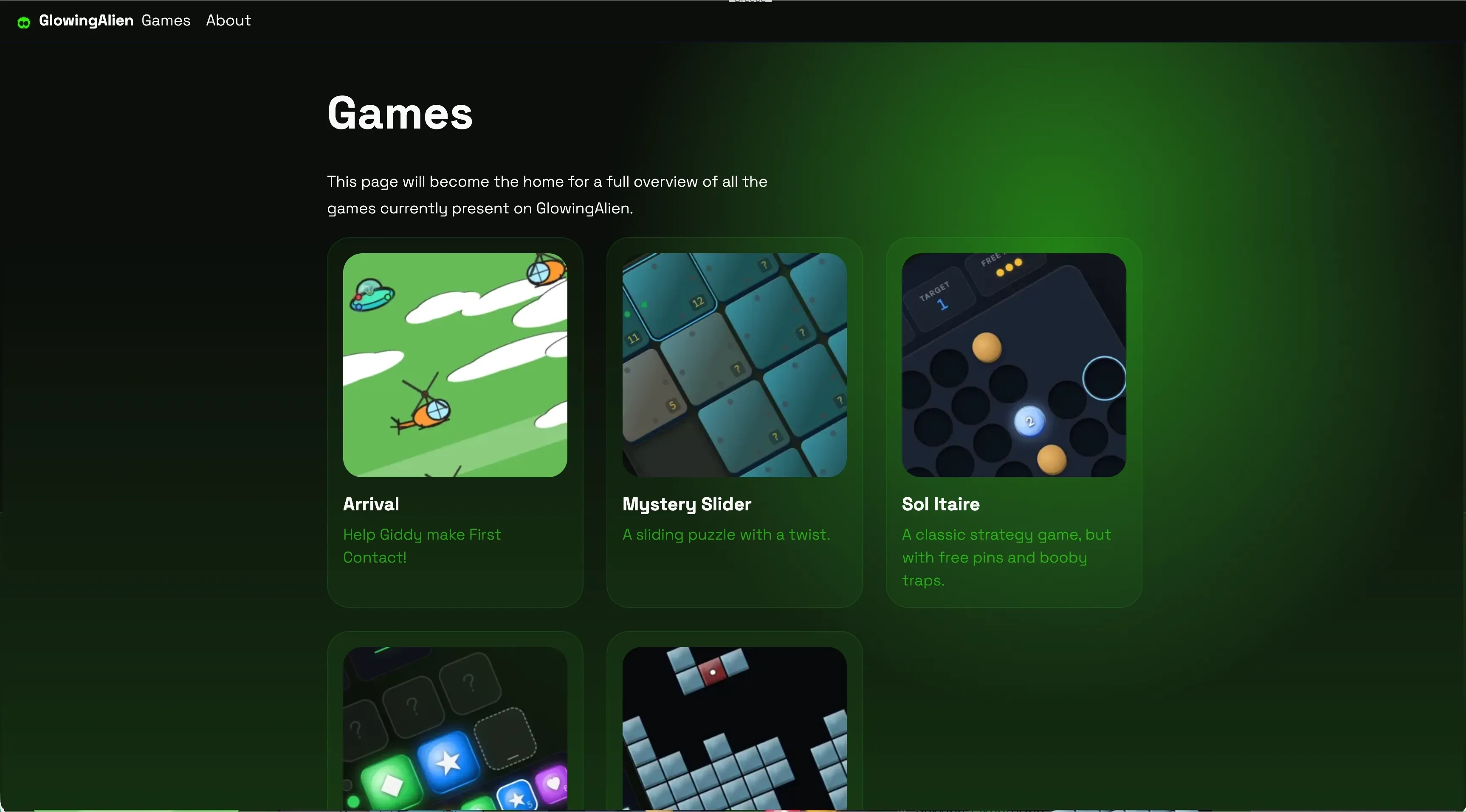 Screenshot of the games page