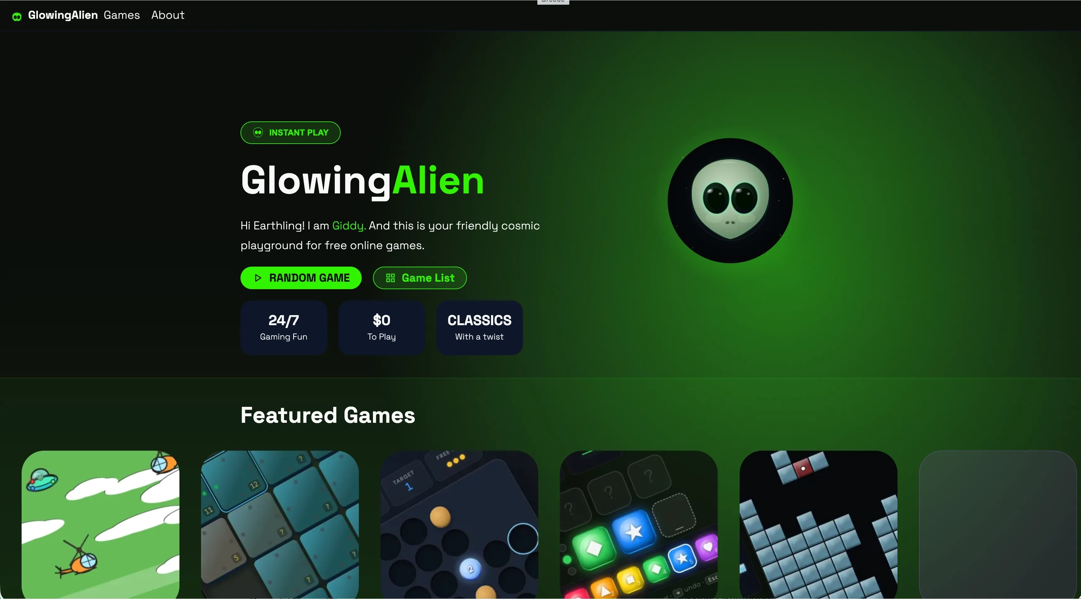 GlowingAlien.com homepage screenshot showing the header and hero section