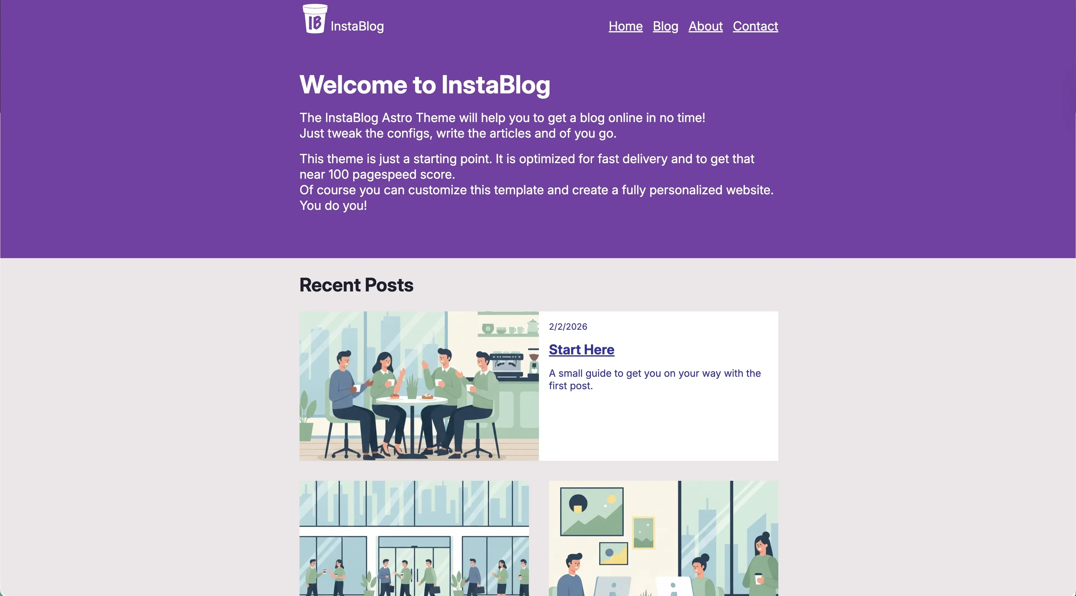 Instablog homepage screenshot showing the header and hero section